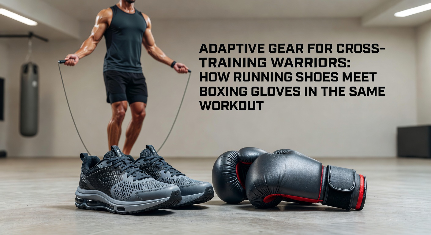 Close-up of adaptive boxing gloves and hybrid running shoes laid out on a gym floor, highlighting modular features and durable materials for cross-training versatility