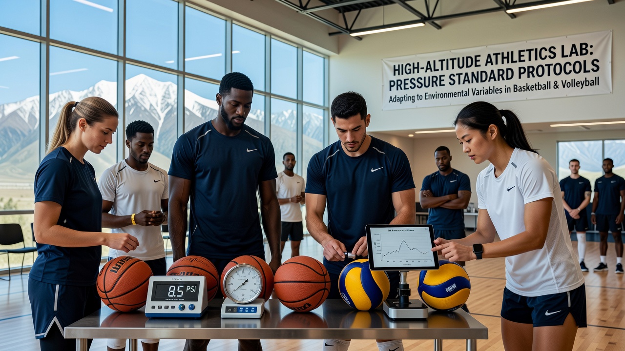 Technicians checking ball pressure with digital gauges inside a high-altitude arena
