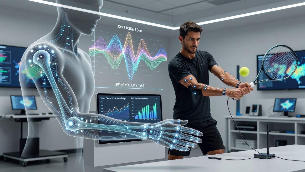 Athlete performing aquatic strokes with biomechanical sensors mapping joint torque for equipment customization