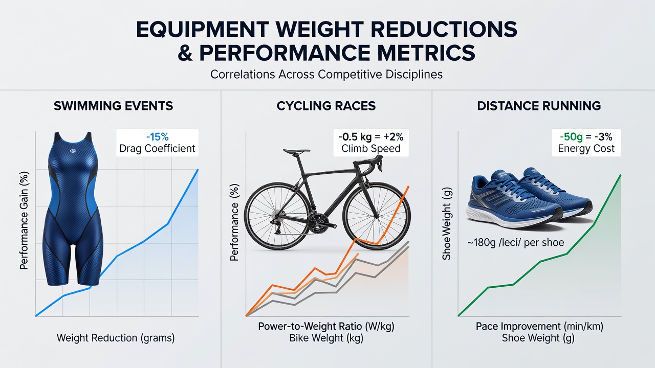 Athletes in swimming cycling and running events using lightweight equipment during competition