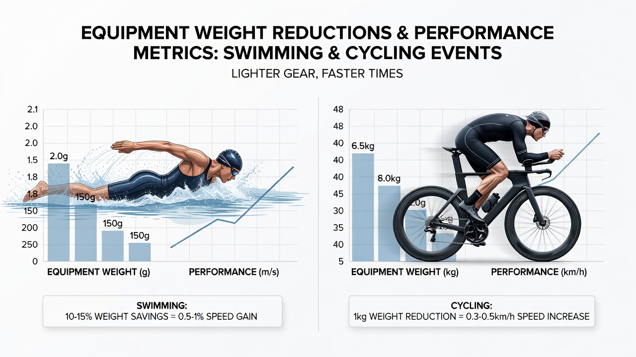 Lightweight running shoes cycling components and swim caps displayed with performance tracking equipment