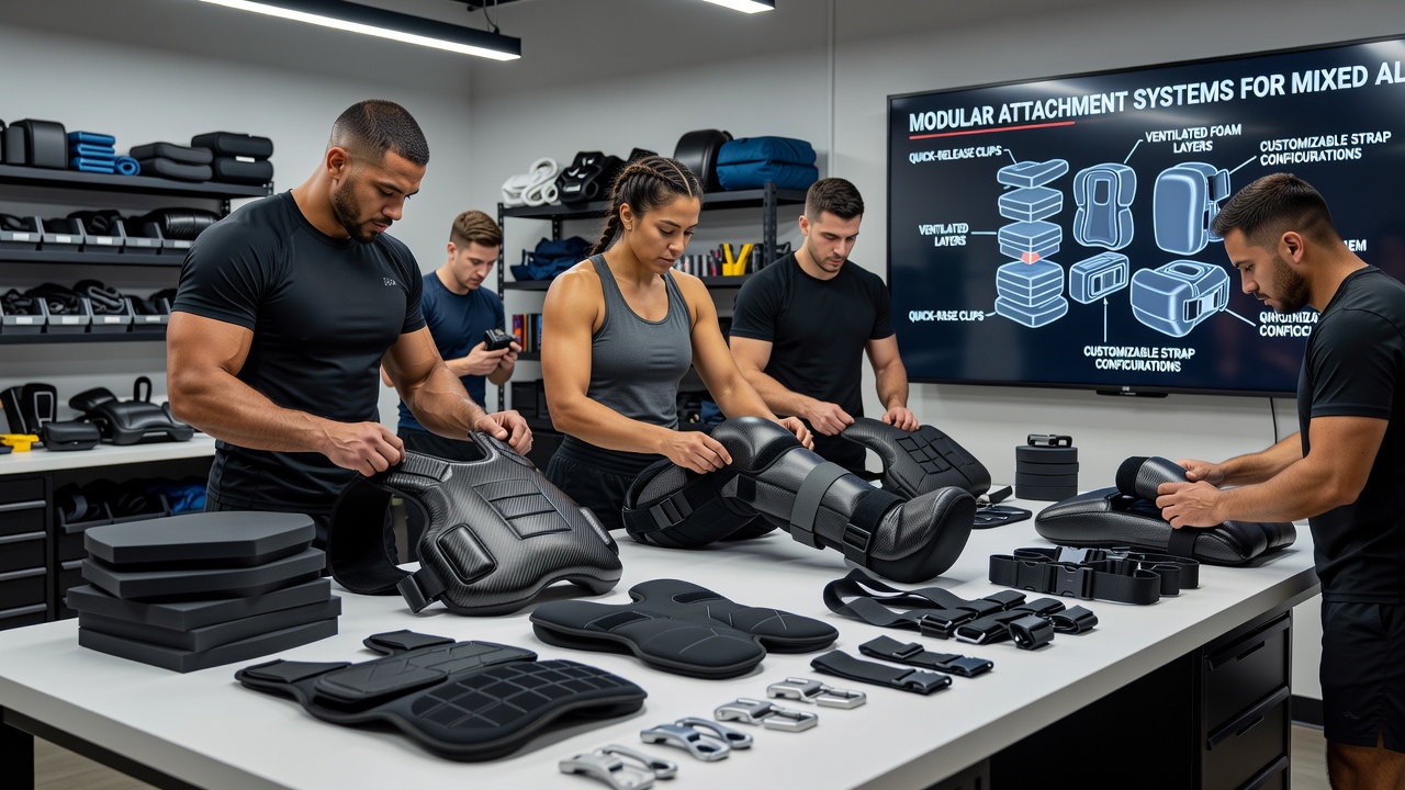 Close-up of modular attachment rails and padding modules on training gear