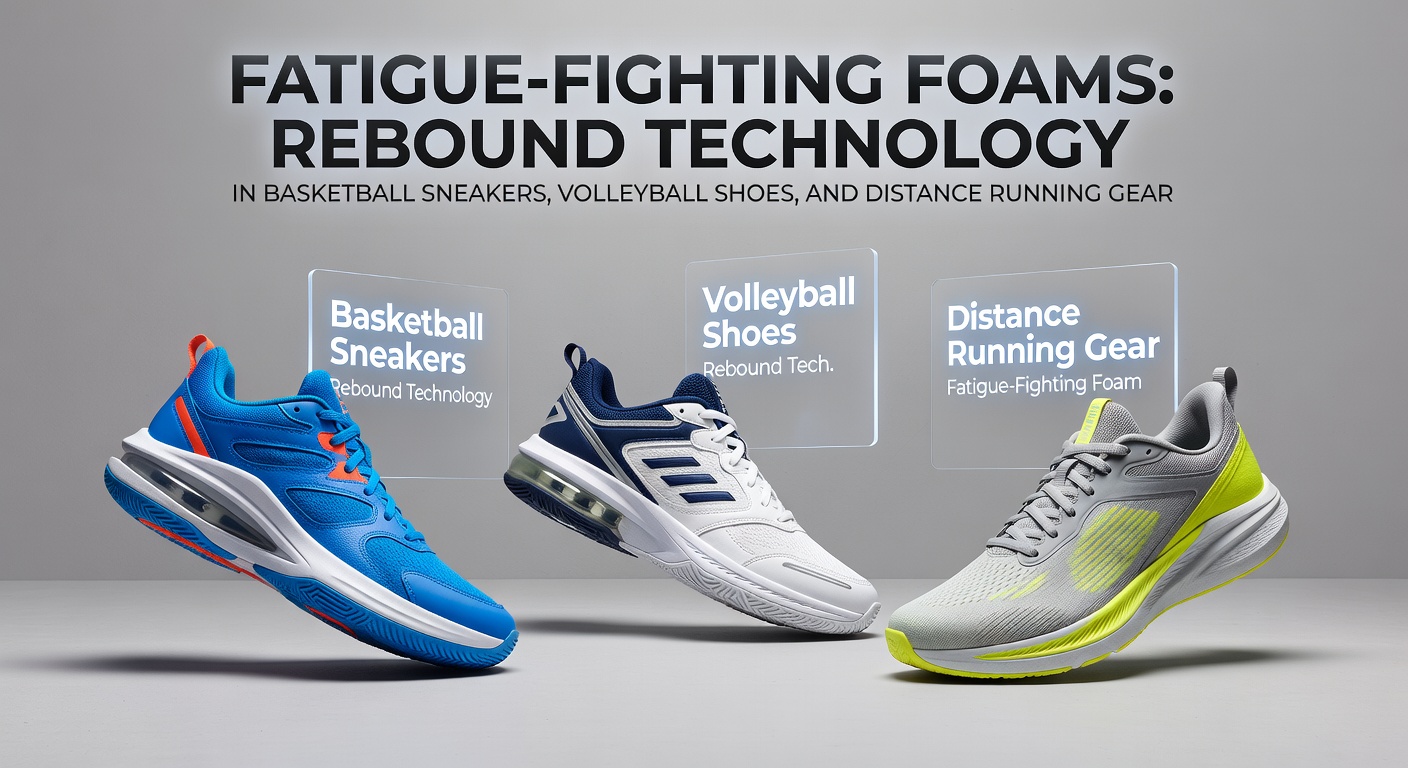 Close-up of a basketball sneaker midsole showcasing layered rebound foam technology during a high-impact jump, highlighting energy-return properties