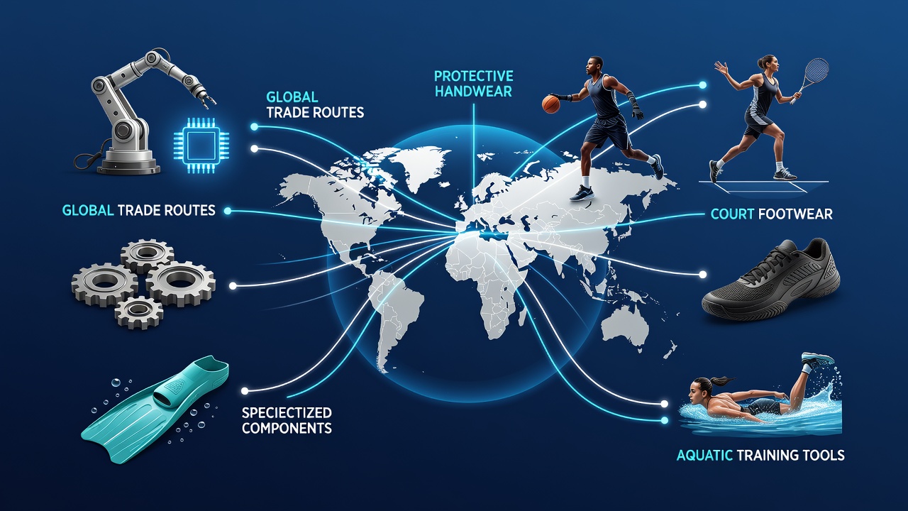 Global shipping containers loaded with sports equipment components traveling along major maritime trade routes