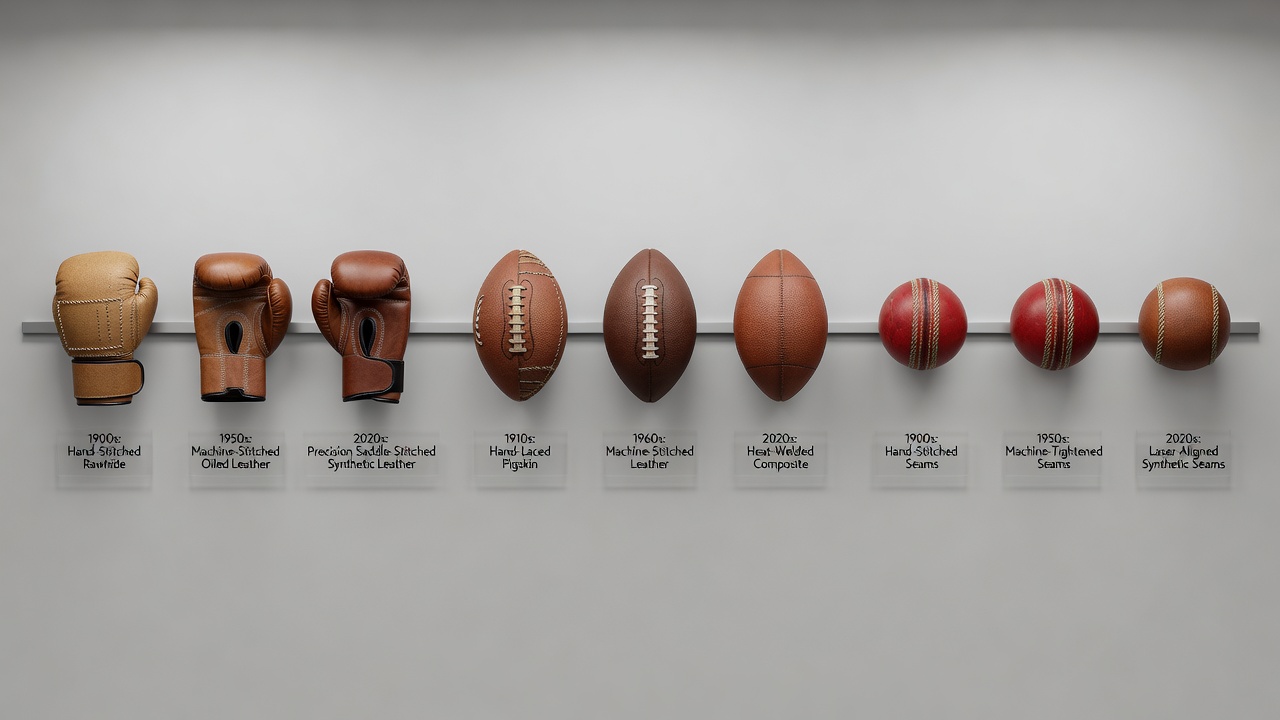 Close-up of machine-stitched leather panels on modern boxing gloves alongside restored football and saddle examples