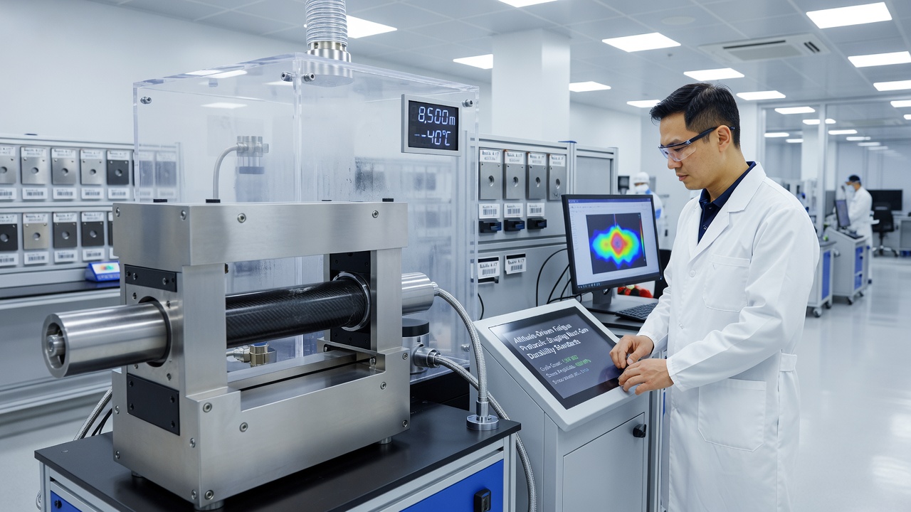 Cycling equipment undergoing durability assessment in simulated high-altitude conditions