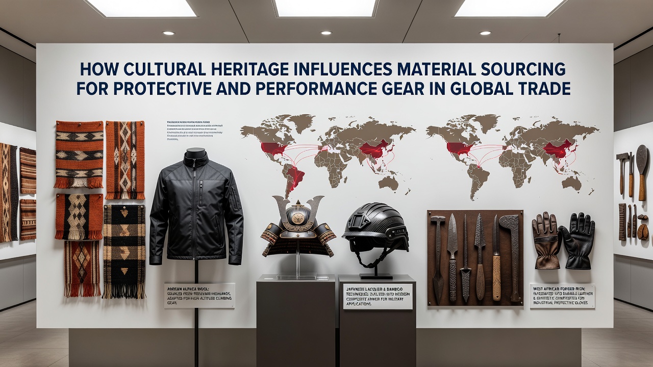 Global supply chain workers handling culturally sourced materials for athletic protective equipment