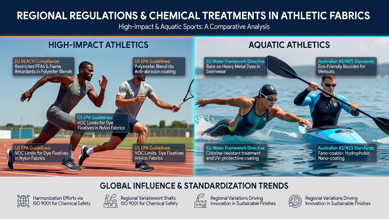 Fabrics treated with regulated chemicals for athletic use in high-impact and aquatic settings