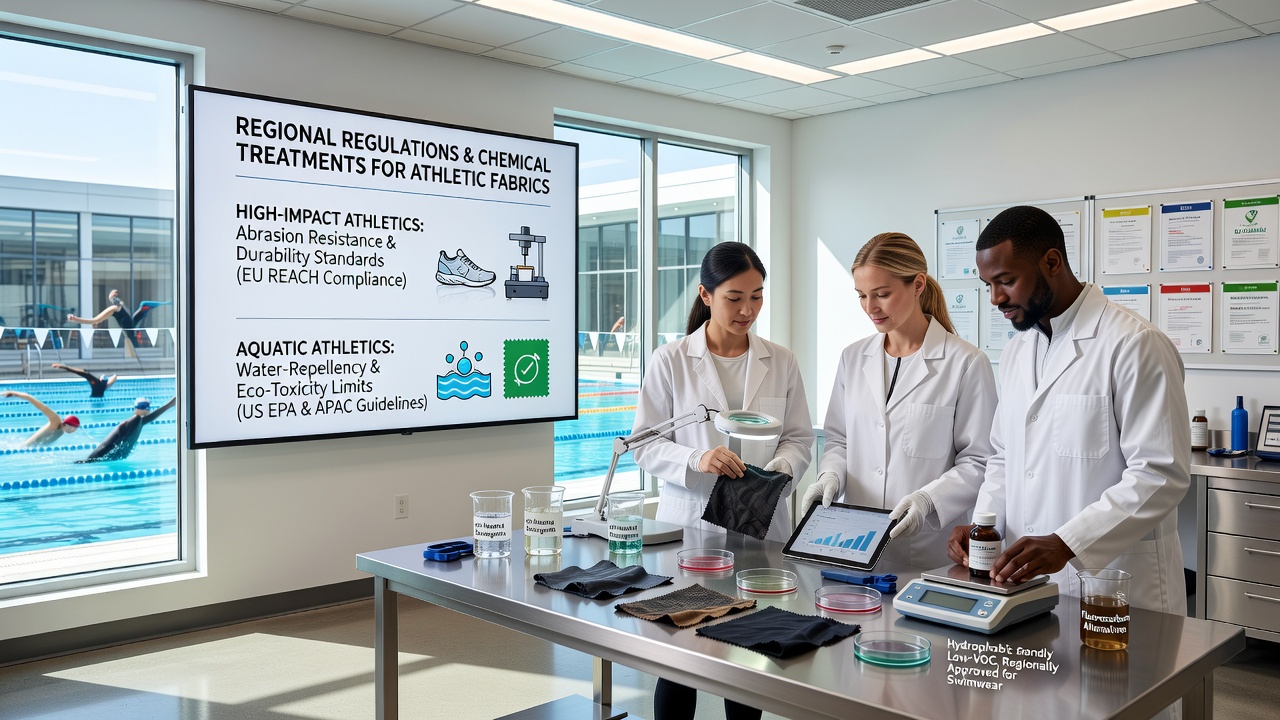 Laboratory testing of chemical treatments on athletic fabrics under regional regulatory standards