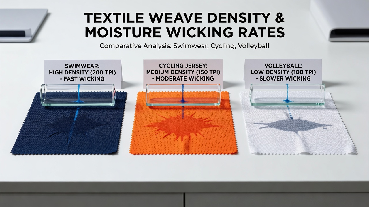 Athletes wearing swimwear, cycling jerseys, and volleyball uniforms training in humid conditions with visible fabric moisture patterns