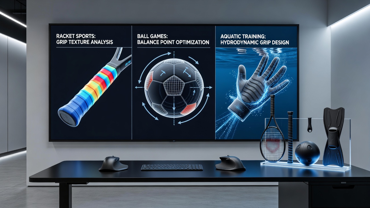 Virtual simulation interface displaying grip texture analysis on a tennis racket handle with balance point metrics overlaid