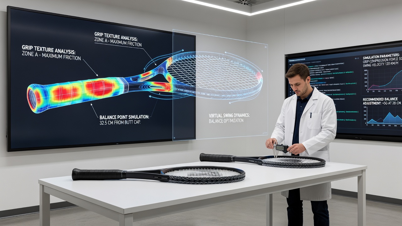Aquatic training paddle model undergoing virtual fluid dynamics testing with grip texture heat maps and balance point indicators
