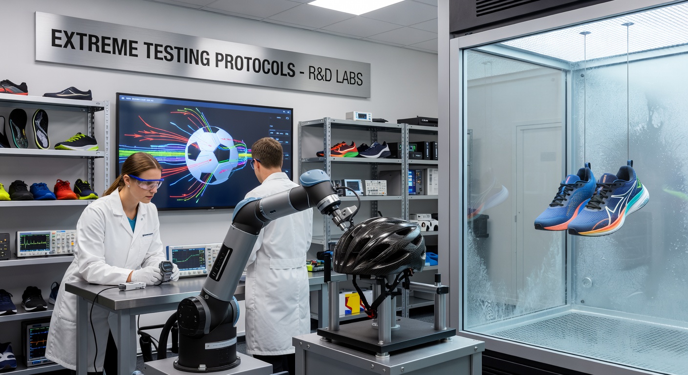 Technicians monitoring impact adn environmental simulation tests on various sports gear in a controlled laboratory setting