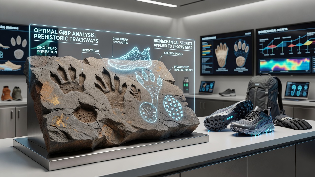 Close-up of modern sports shoe sole next to prehistoric track impression for grip comparison