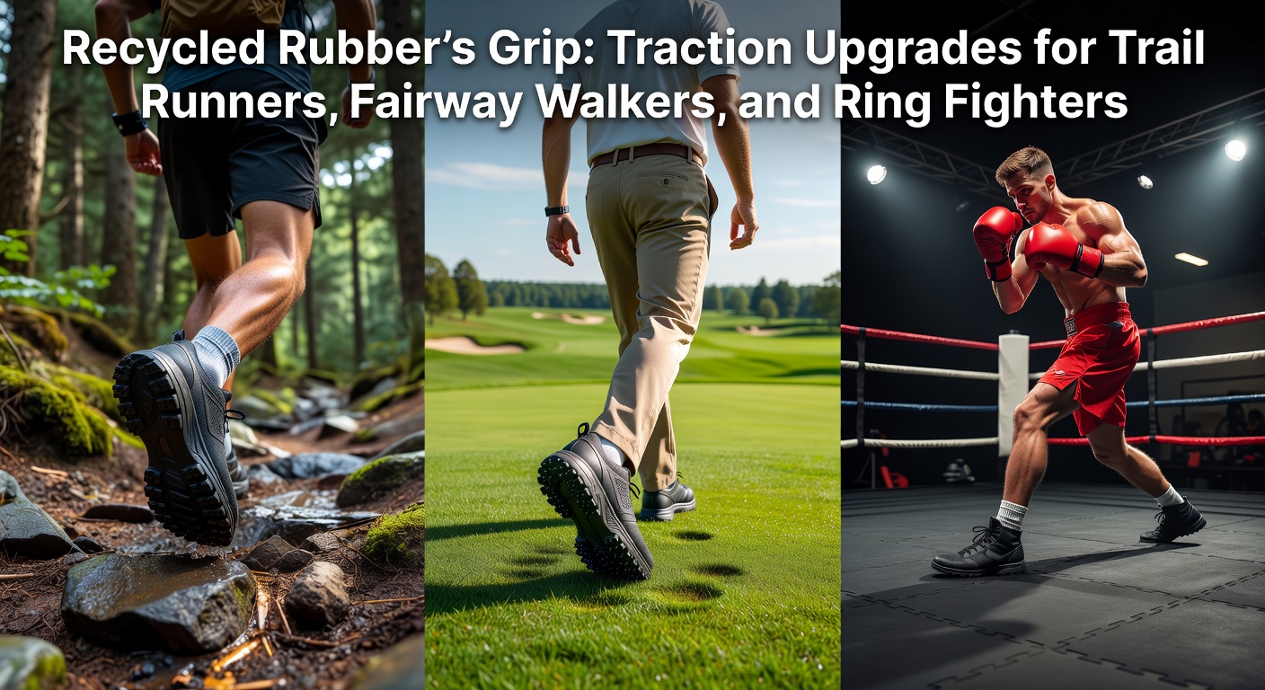 Golfer in specialized fairway walking shoes with recycled rubber spikes traversing wet grass, maintaining balance mid-swing
