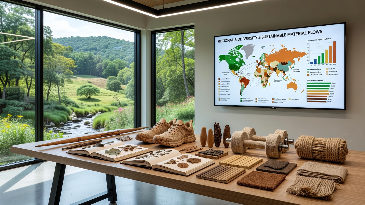 Close-up of natural materials including bamboo, rubber, and hardwood sourced from varied biodiversity regions for sports equipment