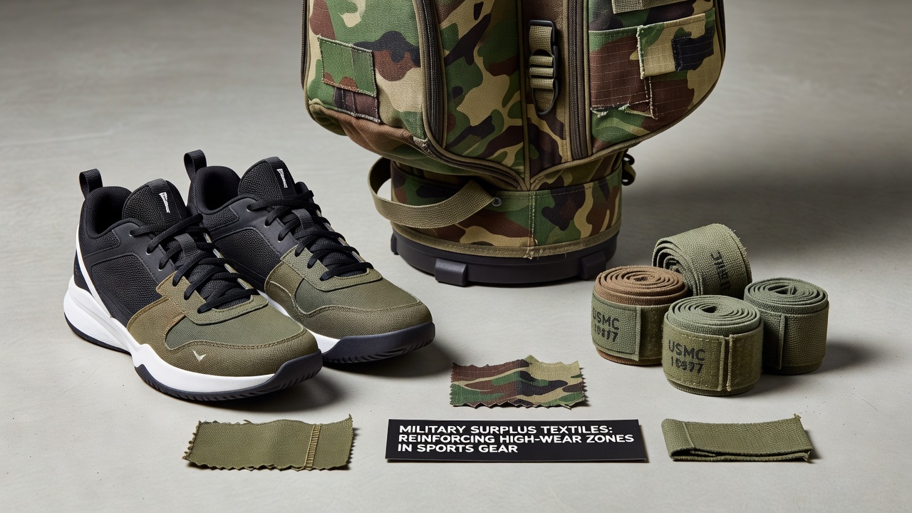 Military surplus textiles reinforcing high-wear zones in basketball footwear, golf bags, and boxing wraps