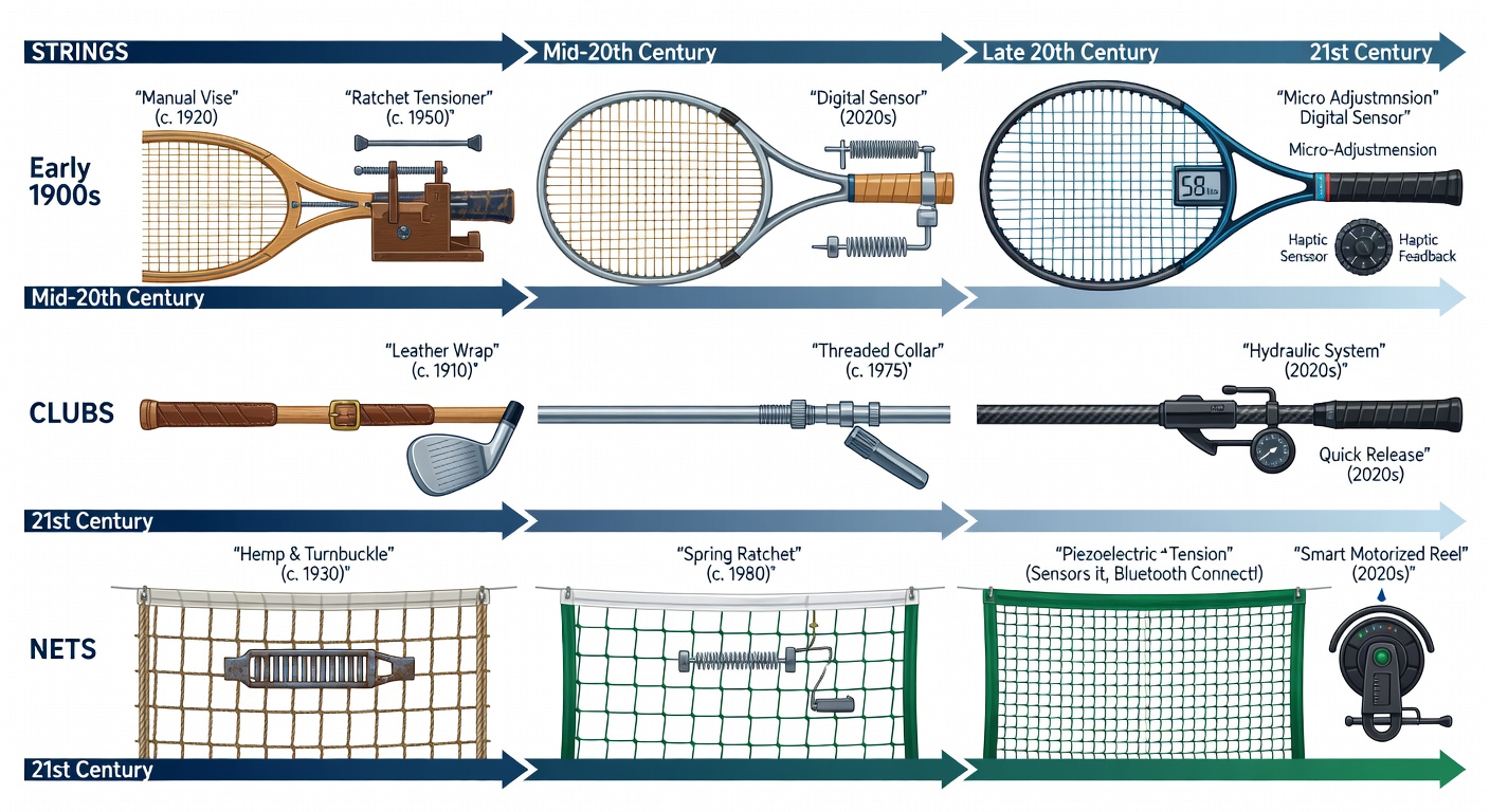 Historical evolution of adjustable tension systems in racket strings and sports nets displayed through early mechanical prototypes