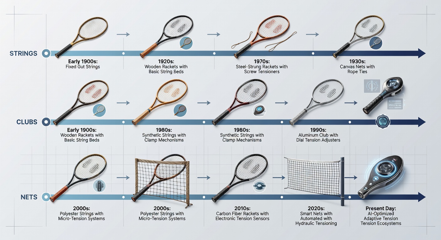 Modern adjustable tension mechanisms shown in contemporary racket strings, golf club weights, and volleyball net systems