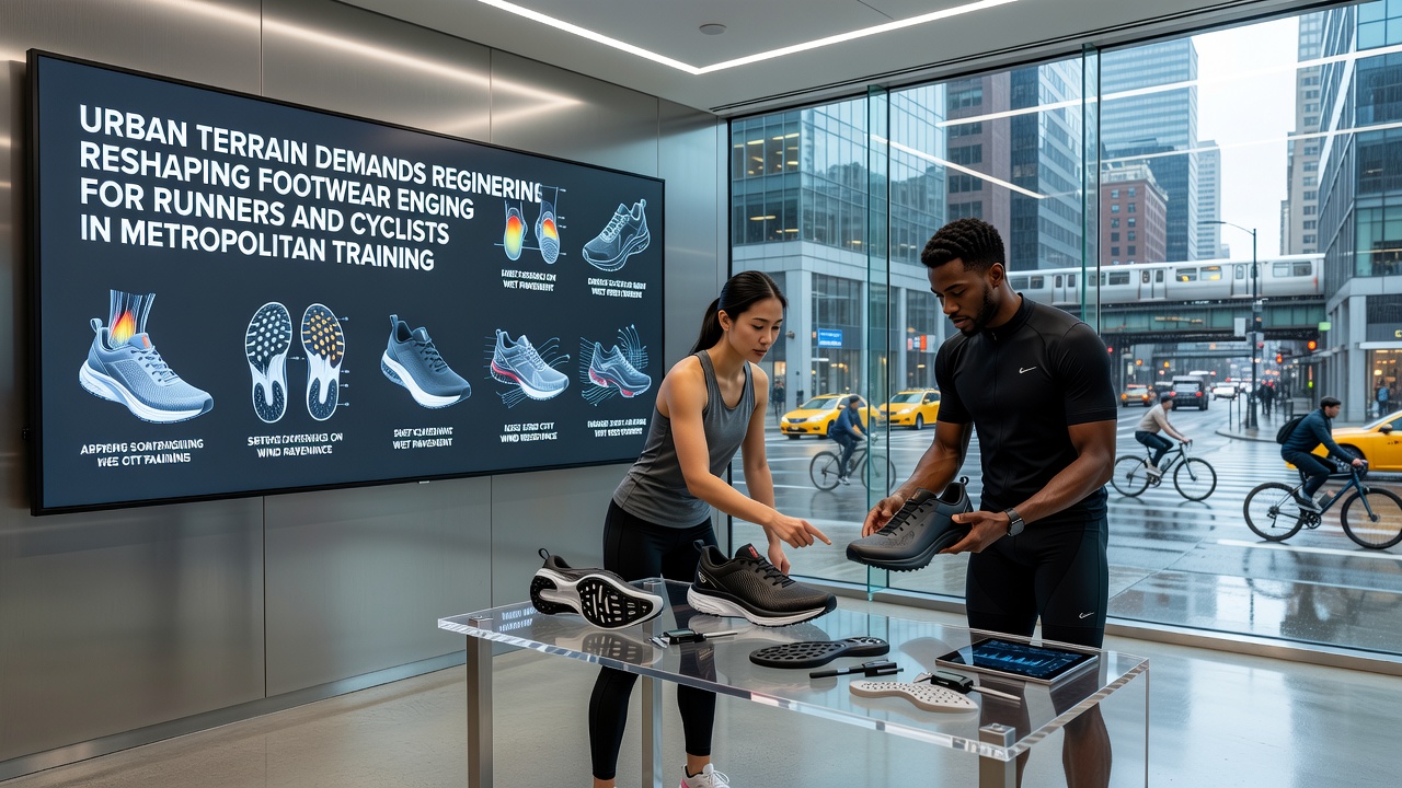 Close-up of engineered running and cycling shoes tested on city cobblestones and curbs